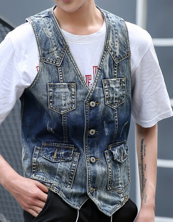 【新款优惠购】2017春秋男士牛仔马甲韩版无袖坎肩男装修身牛仔背心