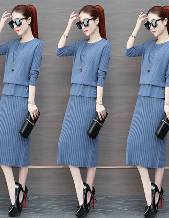 女2019女装针织连衣裙春季两件套装裙子加外搭套裙气质韩范chic 蓝色