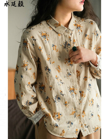 女士小碎花衬衫长袖新款春秋时尚简约风双层棉印花衬衫女春秋新款文艺