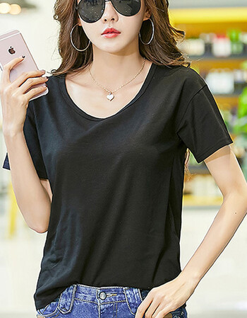 短袖t恤女2019春夏新品韩版宽松半截袖夏季黑色圆领短袖t恤女棉休闲