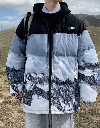 雪山印花羽绒服立领舒适显瘦男宽松大码加厚羽绒服冬季潮流防寒服外套