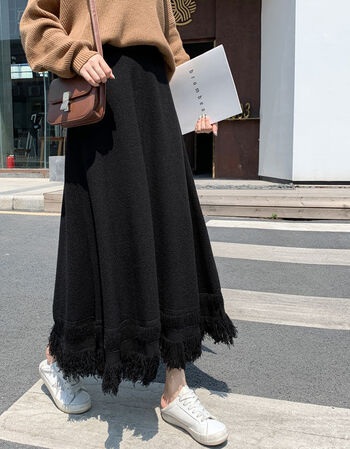 2021秋冬半身裙中长款加厚毛线裙子宽松百搭ins超仙显瘦配长裙黑色l