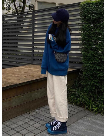 盐系穿搭圆领卫衣套装女港风休闲时尚减龄阔腿牛仔裤两件套蓝色卫衣l