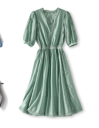 mijor雾里看美人法式蕾丝 精美重工莱赛尔连衣裙女夏季裙子 蓝绿色 l