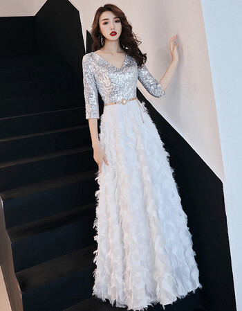 礼服裙高贵宴会长款v领亮片显瘦年会主持人女名媛 gr18236银白色长款