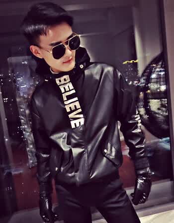 2018季新款网红潮男皮衣外套社会精神小伙修身帅气连帽pu皮夹克潮