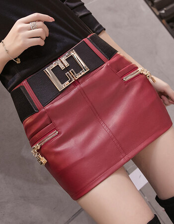 皮裙半身裙包臀裙修身春秋迷你裙红色pu臀防走光性感显瘦超短裙女