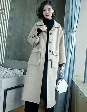 筱筏毛呢外套女2018秋冬新款中长款手工双面羊绒羊毛大衣大码女装 米