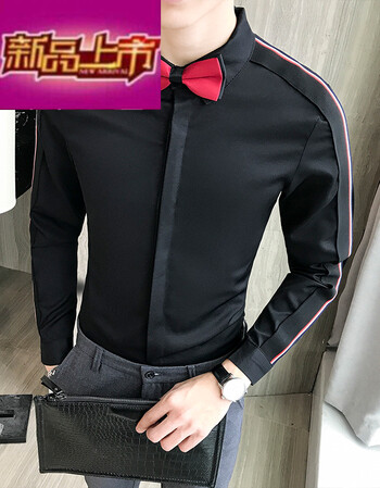 【京东优选】袖子织带型男长袖衬衫领结衬衣服务员衬衫 黑色 m