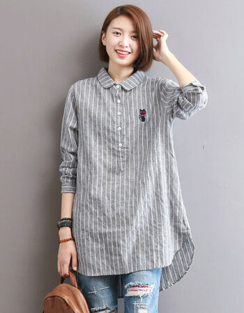 棉质衬衣女秋装韩版宽松刺绣格子条纹长袖宽松中长款娃娃领衬衫女灰色