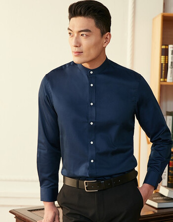 tiantan天坛长袖衬衫男立领棉氨微弹力商务正装时尚衬衣3038藏青色