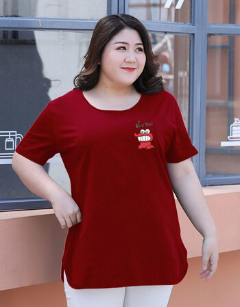 t恤女休闲宽松妈妈装圆领上衣200斤胖中长d806酒红3xl适合120150斤