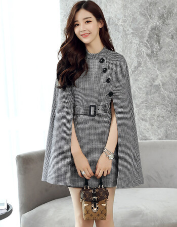 秋冬韩版英伦格子风衣斗篷披肩大衣女欧美小香风百搭中长款呢外套