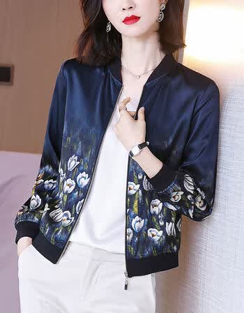 特价捡漏高档轻奢品牌真丝短外套女2021秋装新款长袖开衫夹克衫重磅桑