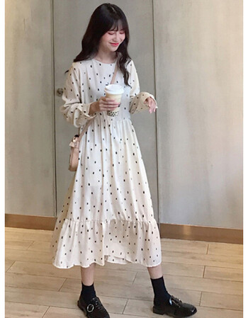 长裙春季2019新款韩版中长款连衣裙女装网红衣服 均码 米白色
