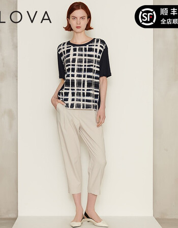 柯罗芭(klova)t恤女 夏新款针织格子款 经典创意风女装 藏蓝白格 s