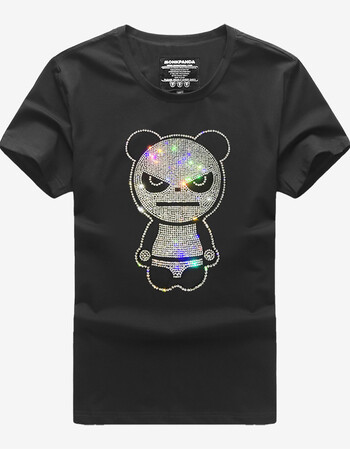 品牌直降暴力熊猫panda 带水钻 潮牌男女款莱卡情侣装短袖t恤 黑色