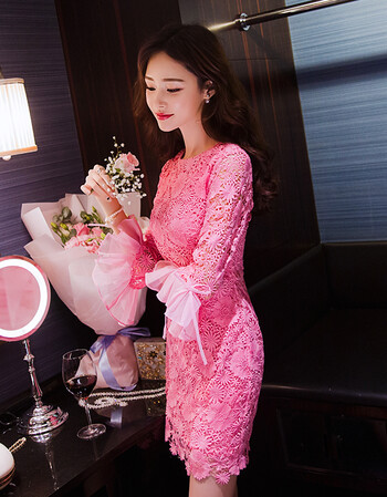 气质荷叶边喇叭袖圆领蕾丝小香风包臀修身连衣裙女l 玫粉色 s
