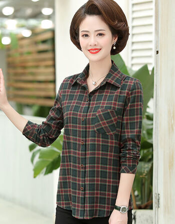 女装新款女士格子衬衫女长袖衬衣春秋款女装新款中老年春季上衣墨绿
