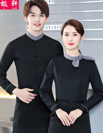 服装快餐店奶茶烤肉火锅店烧烤男女员工衬衫秋冬季黑色上衣围裙男款s
