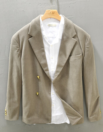 极麻秋季复古条纹休闲小西服商务正装男士宽松青年百搭西装外套潮杏色