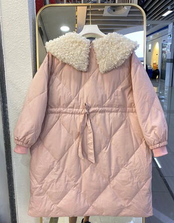 加拿大风大鹅羽绒服羊卷毛大毛领中长款羽绒服女2021年新款抽绳蝴蝶结