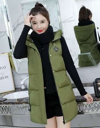 帽修身长款羽绒服马夹女保暖外套保暖防风官方女装军绿色4xl150165斤