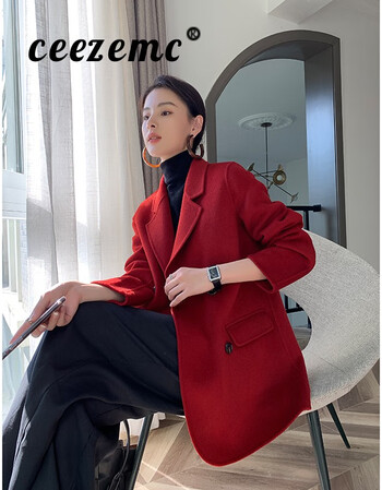 大衣女2021冬季新款气质百搭复古双排扣直筒长袖毛呢外套波尔多红m