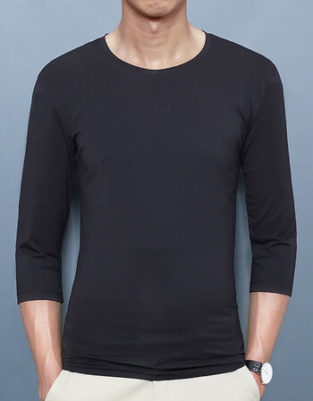 国际品牌男装春秋款丝光棉中袖男薄款中袖上衣男士莫代尔圆领七分袖