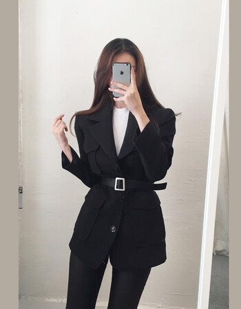 韩版新款修身腰带显瘦百搭chic帅气单排扣小西装女外套 黑色 送腰带 s