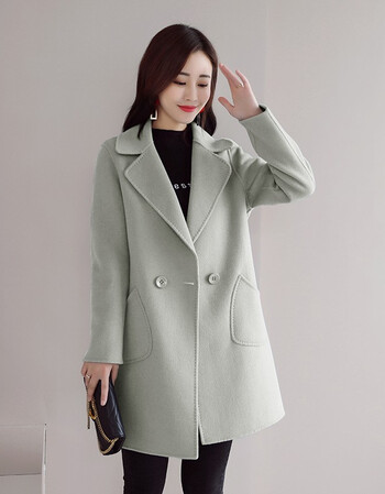 新款韩版加厚毛呢外套女中长款宽松显瘦呢子大衣豆绿色xl建议115127斤