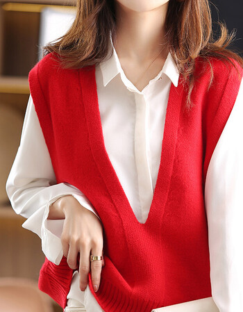 女式羊毛羊绒背心针织马甲女秋外搭无袖毛衣坎肩宽松慵懒v领女叠穿