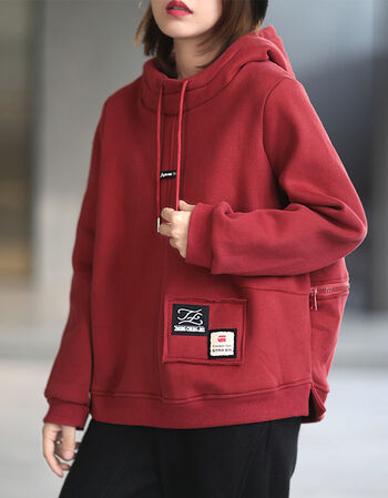 韩版休闲连帽卫衣女长袖宽松保暖上衣2021秋季铁锈红m建议100斤以下