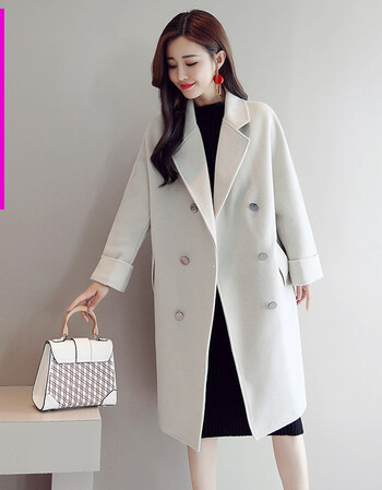 呢外套女中长款2018秋冬新款女装韩版时尚bf宽松显瘦呢子大衣潮 白色