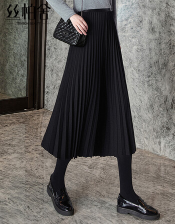 丝柏舍2022春装新款女时尚通勤显瘦a字长款半身裙纯色高腰百褶裙黑色m