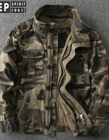 外套男潮牌军事风牛仔工装夹克立领德国上衣高档品牌男装浅迷彩2xl
