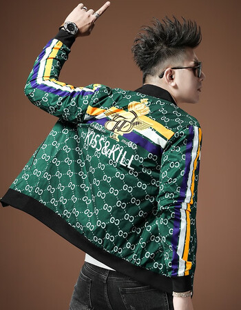 香港潮牌2021新款时尚青年男装秋冬季提花夹克男式外套棒球领印花图案