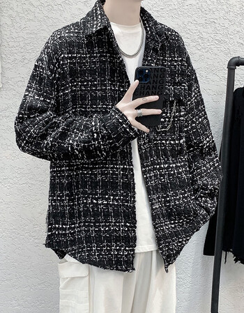 sijian感小香风外套男ins潮春秋情侣格子毛呢夹克早秋新款男装上衣