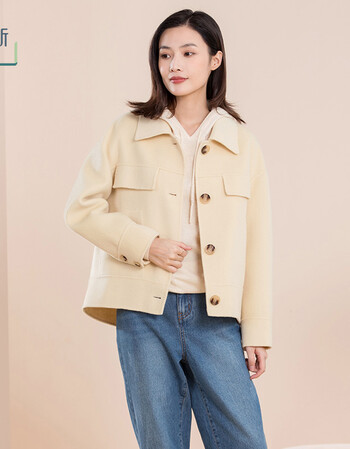 片断羊绒大衣女秋冬小个子纯色短款外套韩版时尚休闲气质呢子风衣黄色