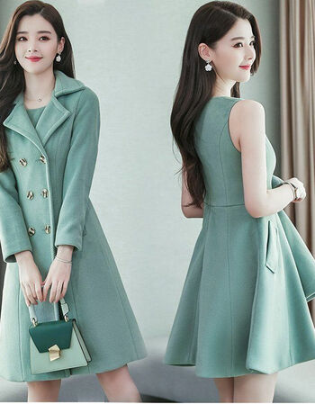 新娘秋冬结婚礼服订婚回门衣服毛呢外套两件套套装连衣裙女蓝色三件套