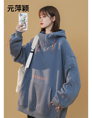 女秋冬加厚高领上衣韩版宽松chic复古港风盐系连帽外套1雾霾蓝面料m