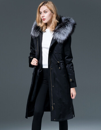 新款派克服女皮毛一体兔毛内胆尼克服大衣领皮草大衣棉衣外套 黑色 s
