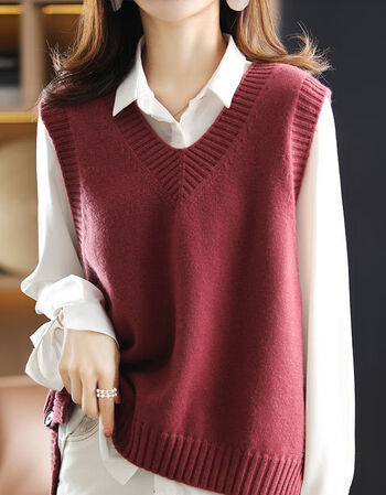 v领毛衣女春秋背心女新款针织马甲宽松慵懒风酒红m建议105斤以下