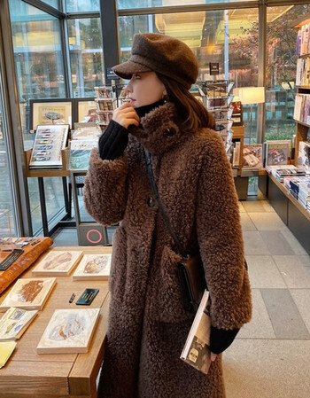 羊剪绒大衣女长款皮毛一体外套2021新款澳洲羊羔毛外套海宁皮草咖啡色