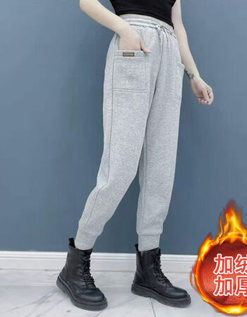冬季女款休闲裤2021秋冬时尚大口袋加绒加厚卫裤女宽松显瘦束脚哈伦