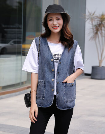 高品质秋季马甲女200斤牛仔马甲女宽松简约洋气v领外穿坎肩背心外搭