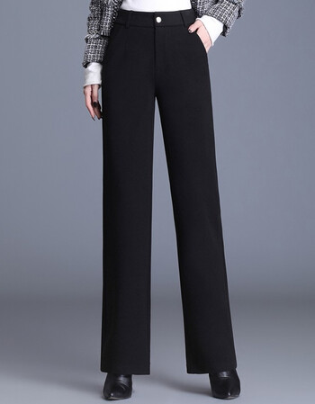 加厚毛呢裤子女高腰直筒裤保暖显瘦中筒裤女毛呢长裤黑色f209926码