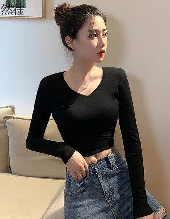 然往黑色v领短款打底衫女春秋冬洋气内搭长袖t恤高腰紧身露脐上衣黑色