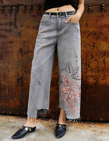 绣花牛仔裤女刺绣 女欧货夏薄高腰重工直筒破洞钉珠刺绣绣花大码潮 浅