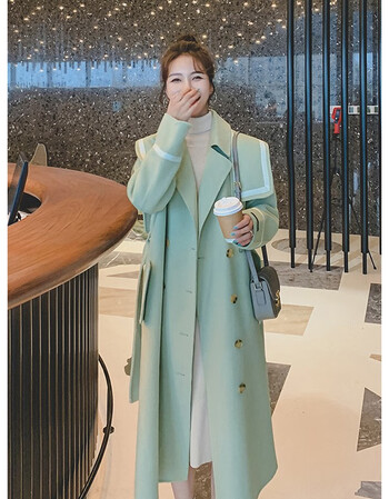 毛呢外套女士2021年新款秋冬季加厚日系赫本风温柔系呢子大衣豆绿色s